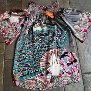 Voom by Joy Han 100% Silk Off-Shoulder Retro Chic Print Dress Women's Size XS